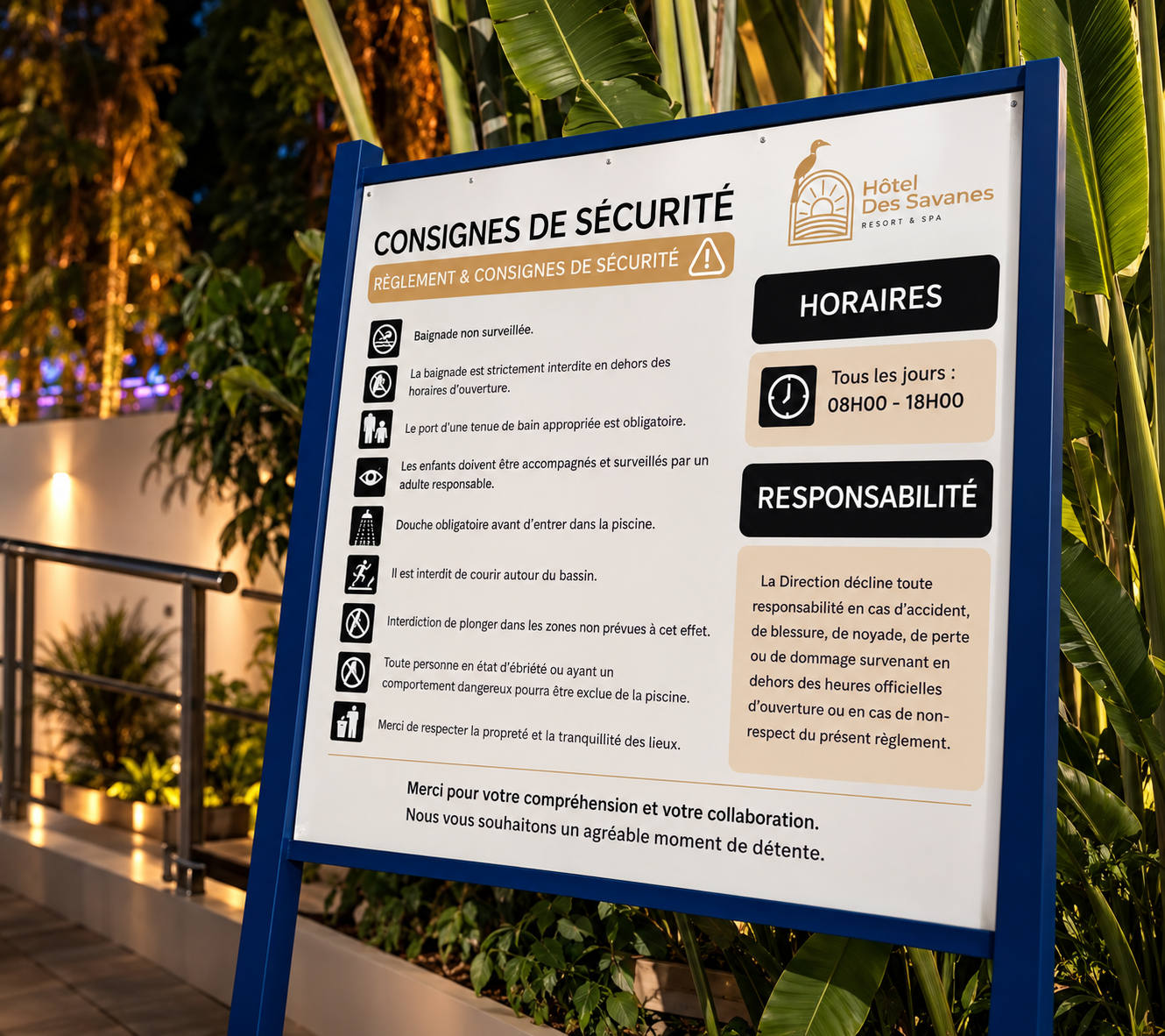Signalétique extérieure premium – Hôtel des Savanes Resort & Spa